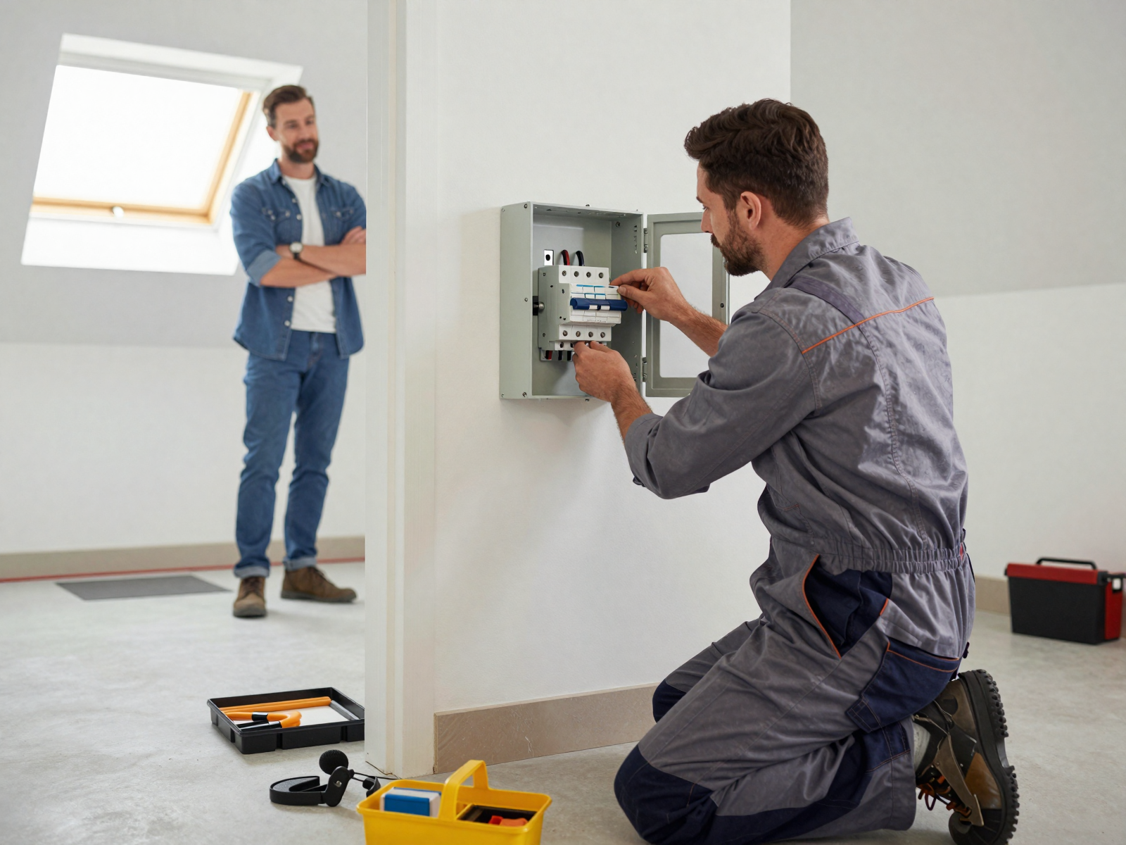 Electrician installing circuit breaker panel